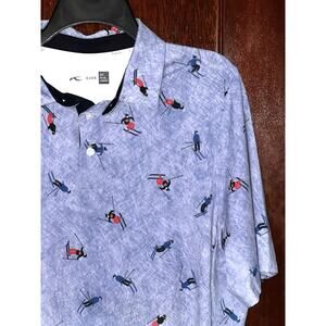 KJUS BLUE DOWNHILL SKIER PRINT COMFORT PERFORMANCE S/S GOLF POLO SHIRT SZ 50 / M